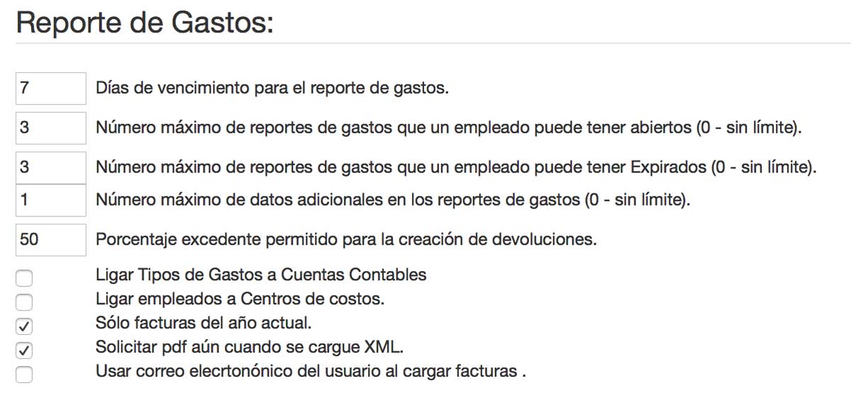 configuraciones módulo de gastos - contasat
