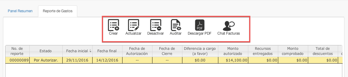 grid de reporte de gastos - contasat