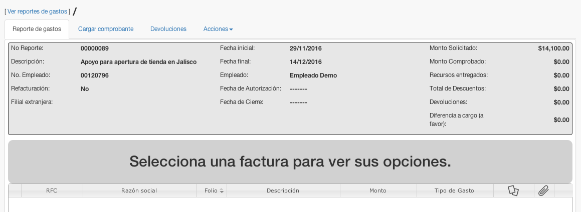 detalles del reporte de gastos - contasat