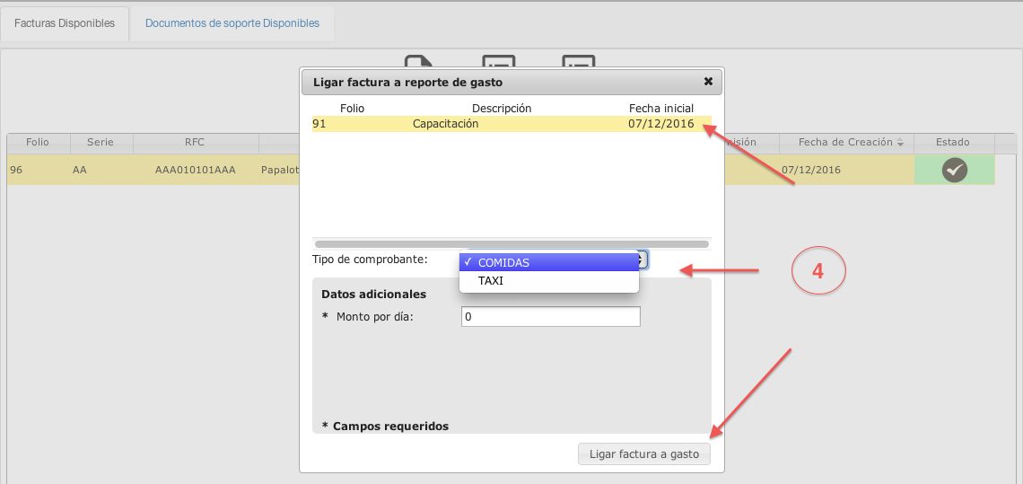 seleccionando reporte para ligar factura - contasat