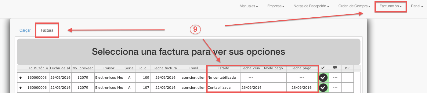 estado y fechas de pago de facturas - contasat