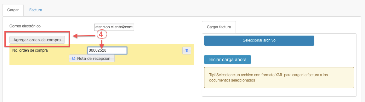 ingresando número de orden de compra - contasat