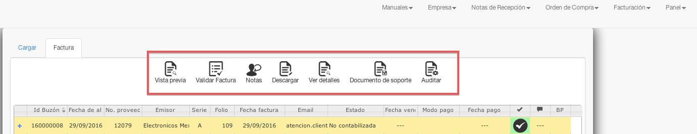 opciones por factura proveedores - contasat
