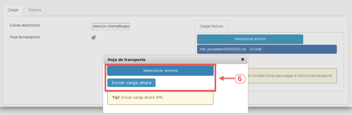 control de carga de archivo MS Excel de hoja de transporte - contasat